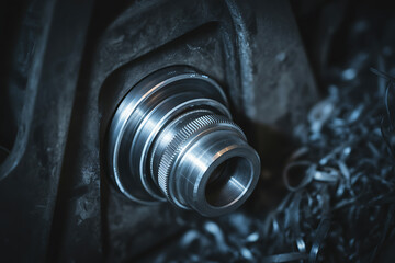 Close-up of a machined metal component with intricate threading and a dark, industrial background.