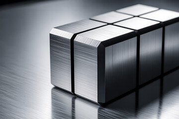Abstract metallic cubes in a grid pattern, reflecting light on a brushed metal surface, representing structure and precision.