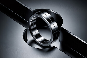 Intricate silver ring component with precise detailing, set within a smooth, dark metal surface, highlighting engineering.