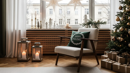 Fototapeta premium Cozy Christmas room with chair and tree by window