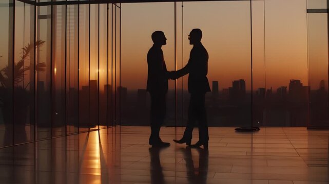 Business partners seal a deal with a handshake, silhouetted against a vibrant city sunset, symbolizing success, future growth, and new opportunities