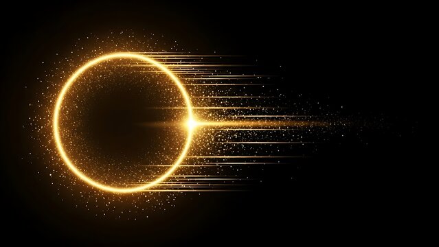 Glowing golden ring with light streaks and sparkling particles on black background
