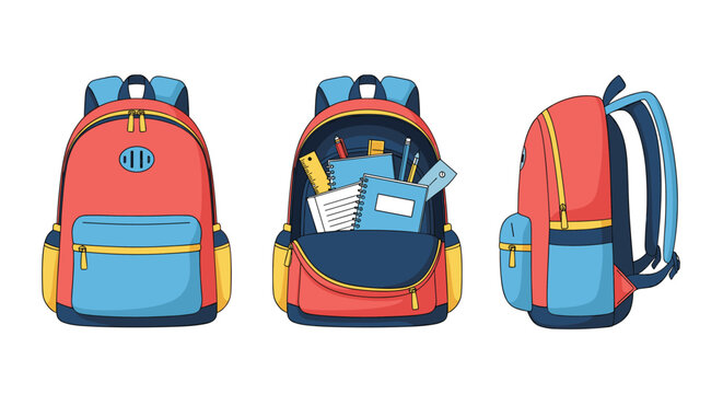 Set of three backpack illustrations showing the front view, interior with school supplies, and side profile in a red and blue color scheme.