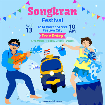 Songkran music festival in Thailand, playing Songkran water splash for fun, poster design