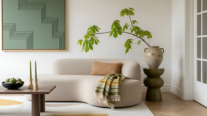 Modern living room with abstract art and curved sofa