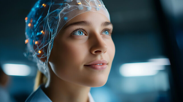 Faceless young woman wearing brain monitoring cap with electrodes looking up pensively, neuroscience research, cognitive study, medical technology, defocused background, with copy space