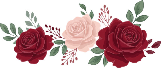 Naklejka premium Three roses with green leaves on white background floral arrangement