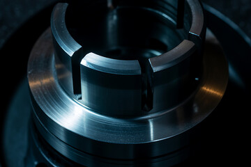 Industrial metal chuck or collet with polished facets, suggesting precision engineering and mechanical components.
