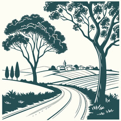 Obraz premium Minimal flat countryside road with trees and hills vector