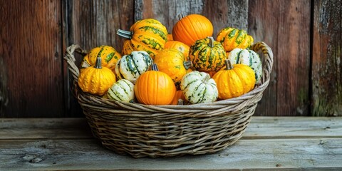 A basket filled with a variety of small pumpkins and gourds, including orange, yellow, and white varieties, placed on a rustic wooden table against a weathered wooden wall.