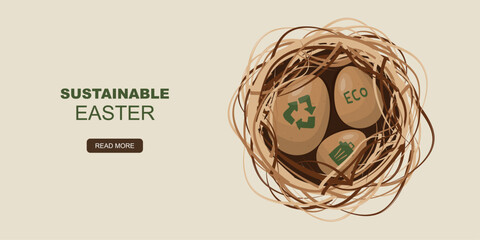 Sustainable Eco Easter Nest with Recycled Eggs promoting green holidays. Ideal for posters, cards, and environmental campaigns. Green easter banner. Easter concept. Vector illustration