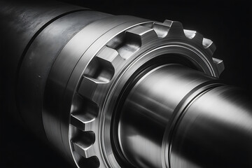 Detailed macro view of a heavy-duty metal shaft with intricate serrations and polished surfaces, symbolizing industrial power.