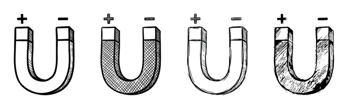 Four hand-drawn U-shaped horseshoe magnets with positive and negative poles, illustrated in a black and white sketch style with various doodle textures and shading techniques