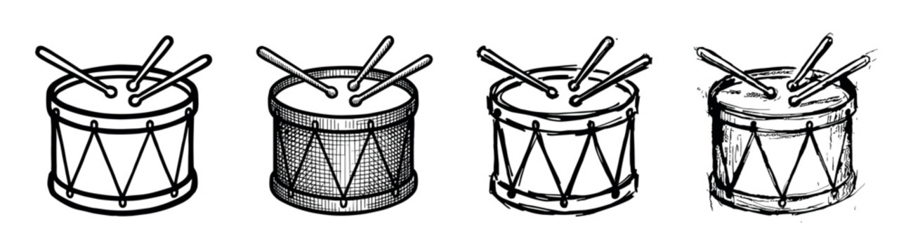 Set of four hand-drawn snare drums with drumsticks, showcasing different artistic illustration styles from clean line art to rough, expressive sketching and cross-hatching