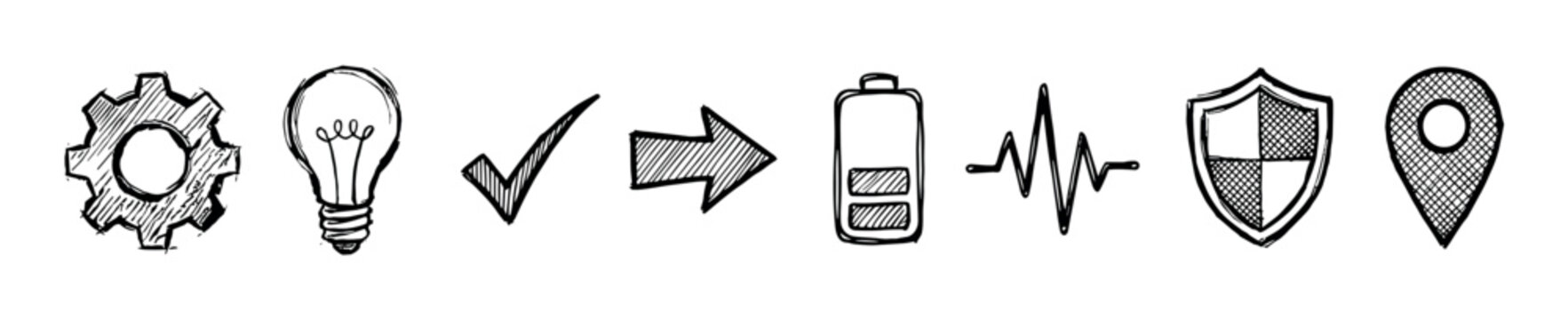 Set of hand-drawn business icons in a sketchy doodle style, including a gear, lightbulb, checkmark, arrow, battery, pulse, shield, and location pin for web design