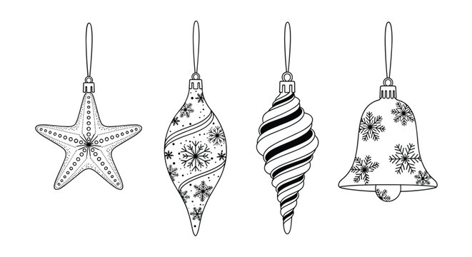 Set of four Christmas tree ornaments shown in a line art style including a star, a finial, a spiral bapple, and a holiday bell.