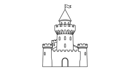 A simple line drawing depicts a medieval castle with a tall turret and flag presented as a silhouette high quality © Bsicon02