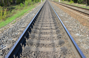 Obraz premium a close up of Railway Tracks Leading into the Distance Through a Green Landscape