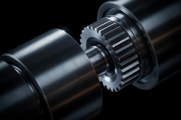 Two industrial metal components, a shaft and a geared element, preparing to connect, symbolizing partnership and engineering.