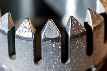 Extreme close-up of sharp, metallic serrations on an industrial component, showcasing precision machining and texture.