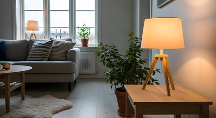 Fototapeta premium Cozy living room interior with warm lamp light and comfortable sofa