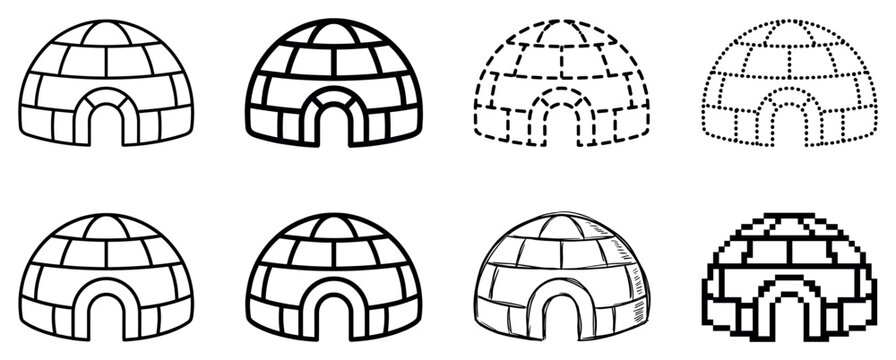 Set of eight black igloo icons in various outline styles including line art, pixelated, dashed, dotted, and hand-drawn sketch for graphic design elements