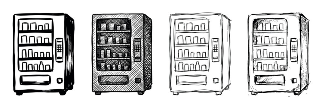 Four hand-drawn vending machines with drinks illustrated in a black and white ink sketch style, showing a set of different doodle and hatching techniques