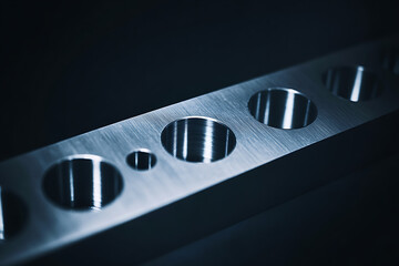 Close-up of a metal block with a series of circular holes, highlighting industrial patterns and manufacturing precision.