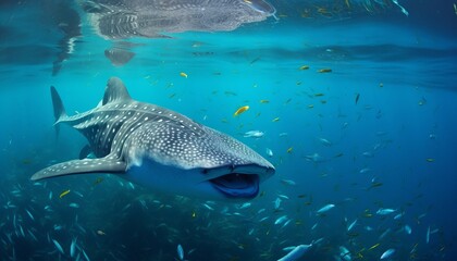 Plastic ocean pollution. Whale Shark filter feeds in polluted ocean, ingesting plastic