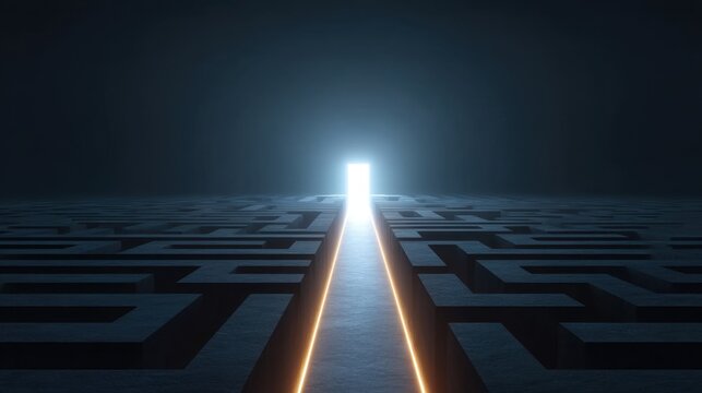 A Straight Light Path Leading Through a Maze to an Illuminated Exit in a Dark Environment