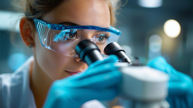 Faceless woman scientist in lab looking at science microscope, medical test and research biology chemistry, females technician laboratory, analyzing scientific pharmacy genetic research,