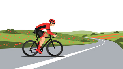 Obraz premium Cyclist riding through scenic countryside landscape on sunny day
