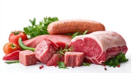 Fototapeta premium Fresh Meat Products Displayed on Clean White Background with Vegetables and Herbs for Culinary Use