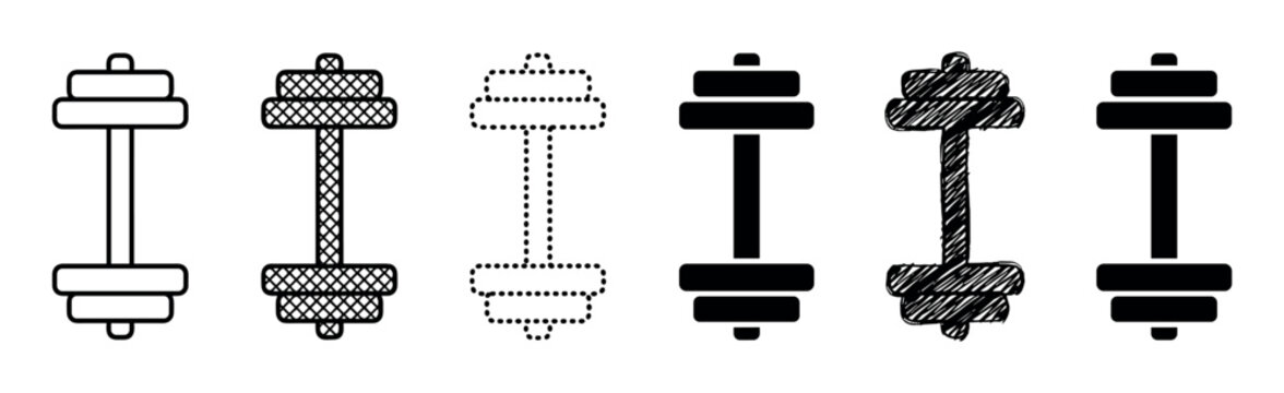Set of six black dumbbell icons presented in various graphic styles like outline, silhouette, dotted line, hand-drawn scribble, and crosshatch for fitness concepts
