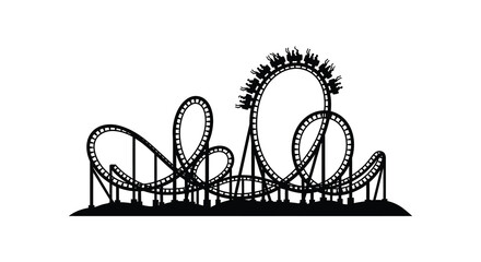 A striking black silhouette depicts a complex rollercoaster design with looping tracks and supporting structures silhouette high quality professional detailed © Bsicon02
