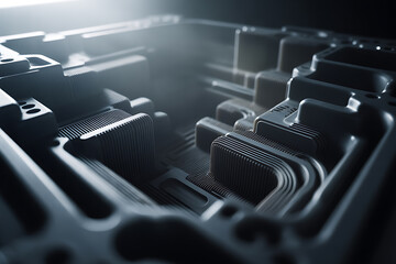 Close-up of a complex, metallic electronic component or circuit board with intricate lines and raised structures, illuminated by dramatic lighting for a futuristic feel.