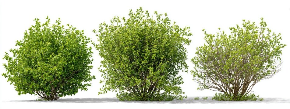 Three vibrant green shrubs with varying foliage density, against a white backdrop