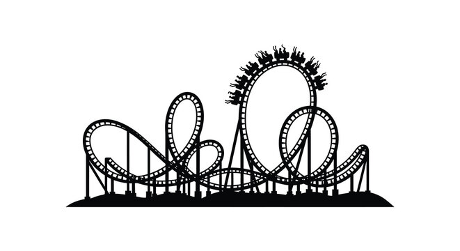 A striking black silhouette depicts a complex rollercoaster design with looping tracks and supporting structures silhouette high quality professional detailed