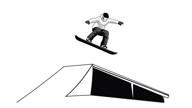 Dynamic snowboarding jump in black and white silhouette style on halfpipe