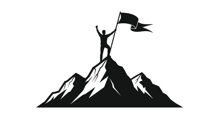 A triumphant figure stands atop a jagged mountain peak raising a dark flag in a victorious pose silhouette high quality © Bsicon02