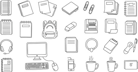 Fototapeta premium School and Office Supplies Icon Set with Stationery, Backpack, Computer, Headphones, Documents, and Daily Workspace Essentials for Education and Business Design