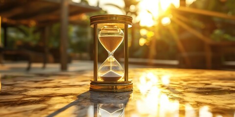 An hourglass with sand falling through it, placed on a marble table with a blurred background of a garden and a sunset.