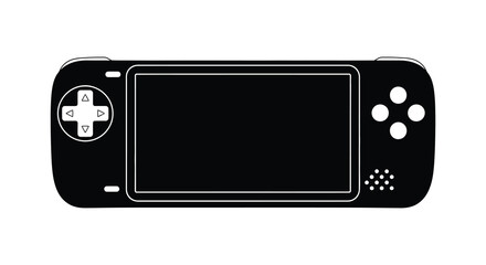 A sleek black handheld gaming console is displayed in a minimalist style showcasing its controls and screen as a silhouette © Bsicon02