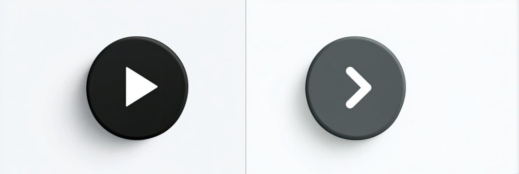 Two round, 3D buttons against white background; one play icon, the other a right arrow