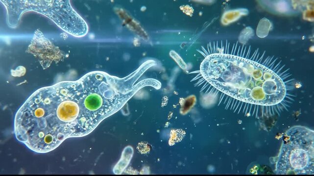 Microscopic Organisms Amoebas and Paramecium in Blue Background Magnified View