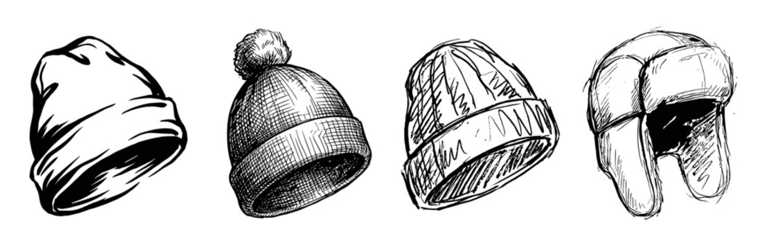 Four hand-drawn winter hats in a collection featuring beanies, a pompom cap, and an earflap hat, all created in a black and white sketchy illustration style