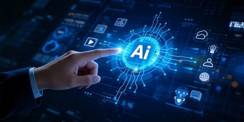 Futuristic AI interface with glowing circuit lines, data analytics graphics, and technology icons symbolizing machine learning, automation, advanced computing processes..3d