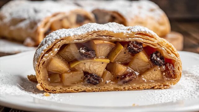 A strudel filled with apple, raisin, and lemon, dusted with powdered sugar on a white plate