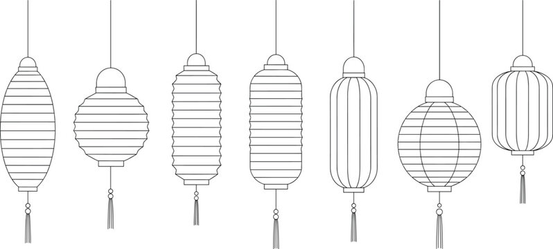 Traditional Hanging Paper Lantern Icon Set with Asian Festival, Decorative Lighting, and Cultural Ornament Designs for Events, Holidays, and Illustrations