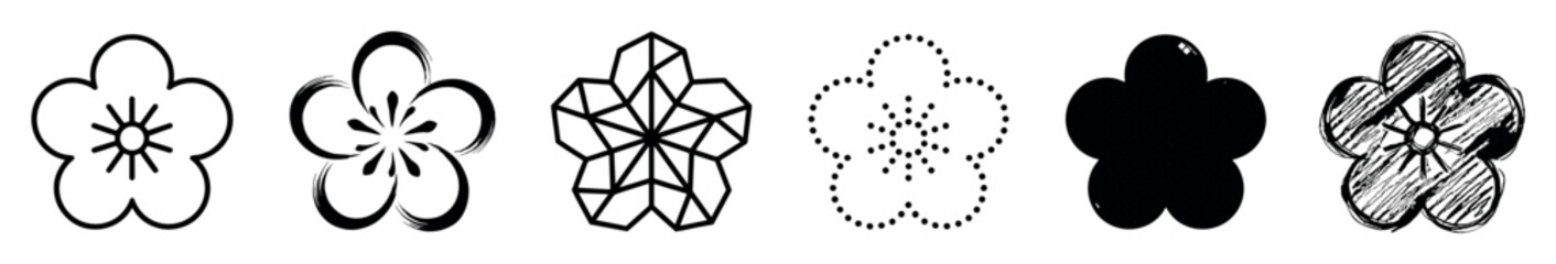 Set of six black plum blossom icons presented in various artistic styles including line art, brush stroke, geometric, dotted, silhouette, and hand-drawn sketch for design elements